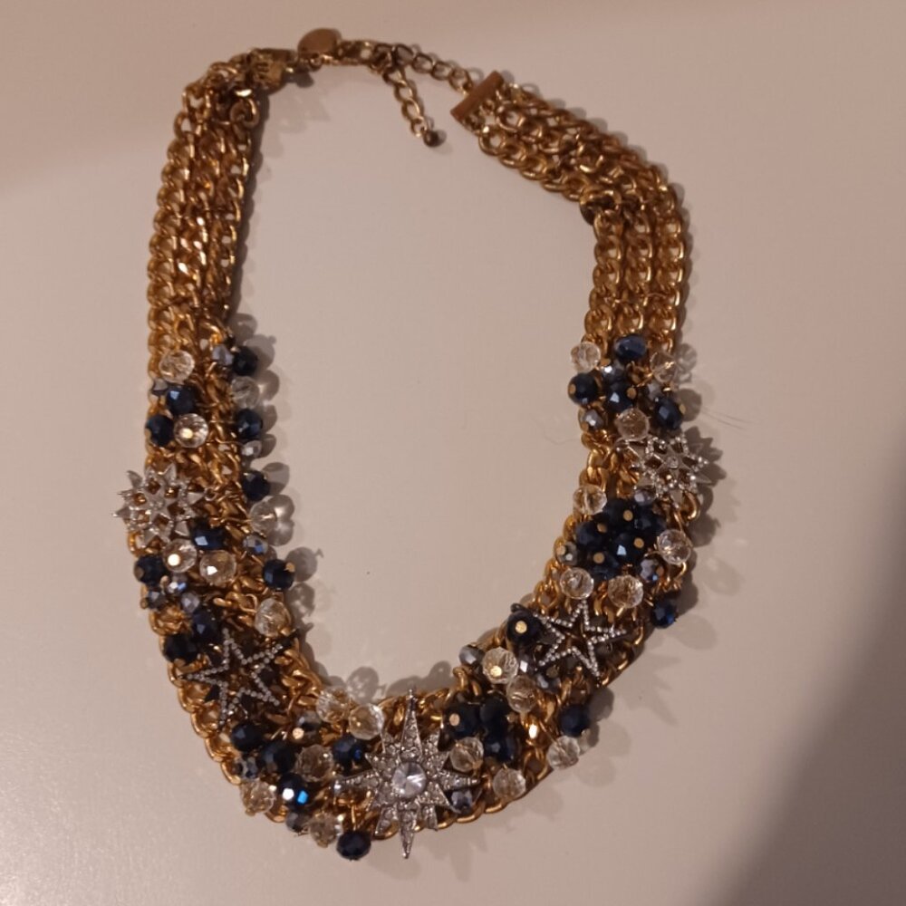 Charming Charlie Gold Three Chain Statement Necklace Stars Blue White Beads